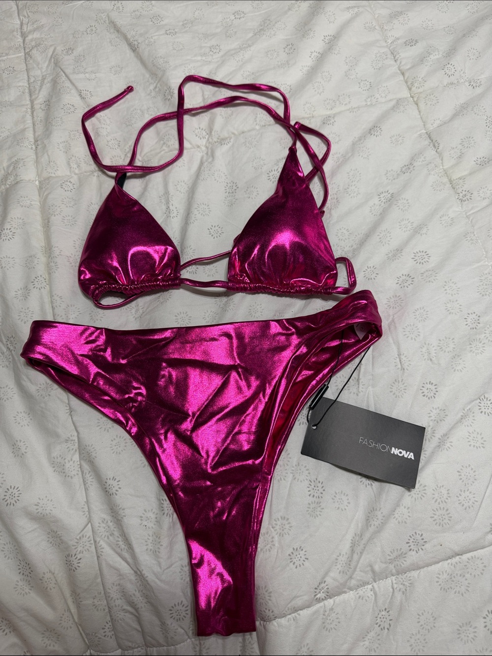 Fashion Nova Metallic Cheeky Bikini Bottom and Top Matching Set
